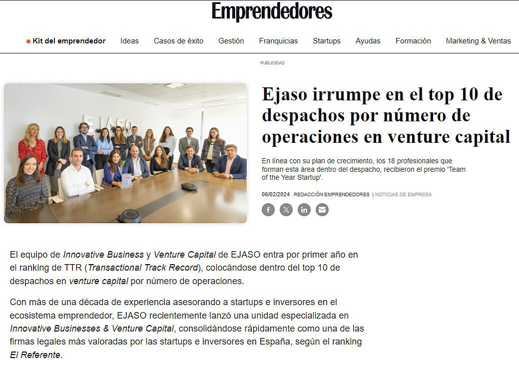 Ejaso irrumpe en el top 10 de despachos por nmero de operaciones en venture capital